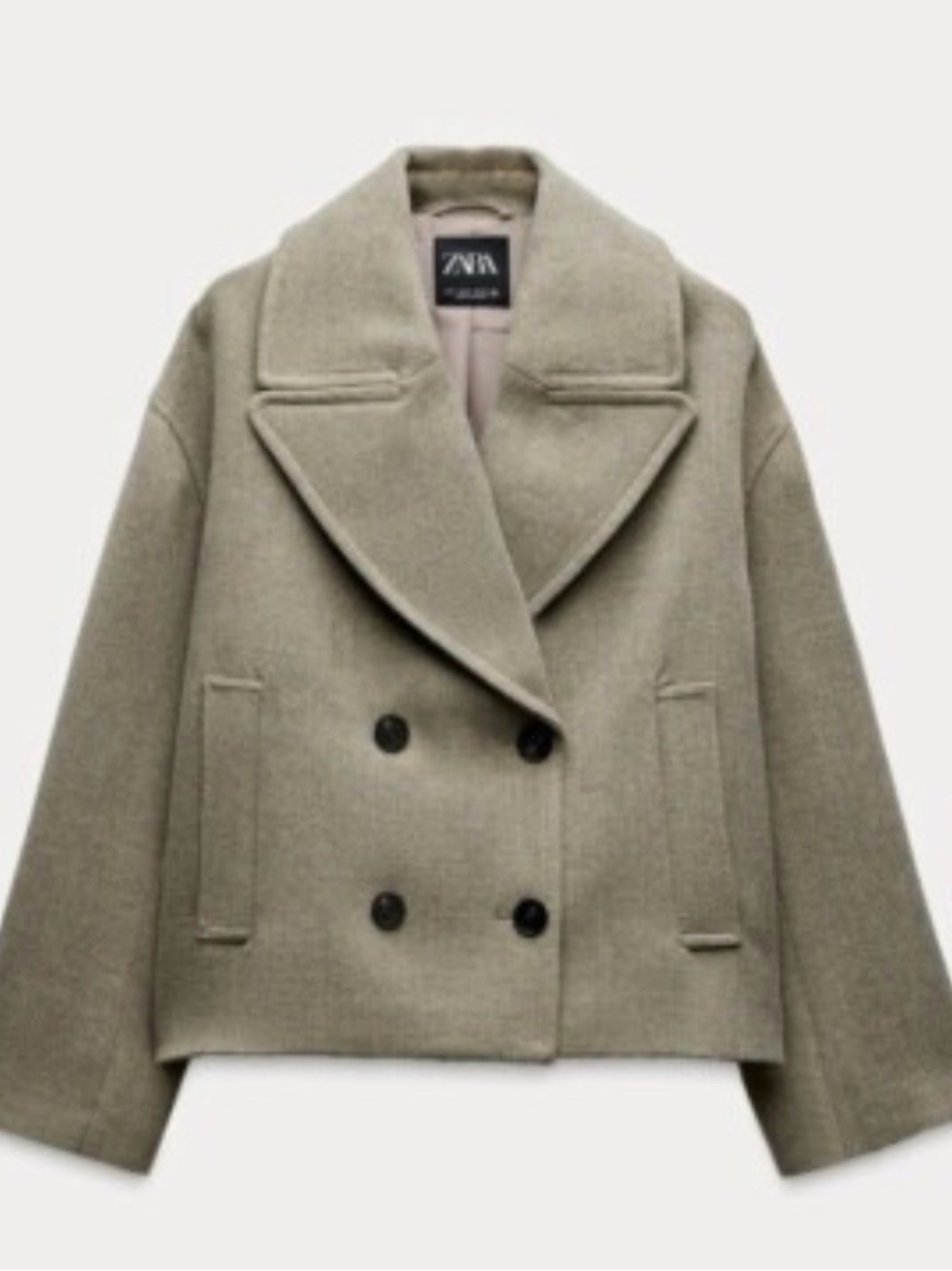 Zara Double-Breasted Cropped Pea Coat in Light Olive